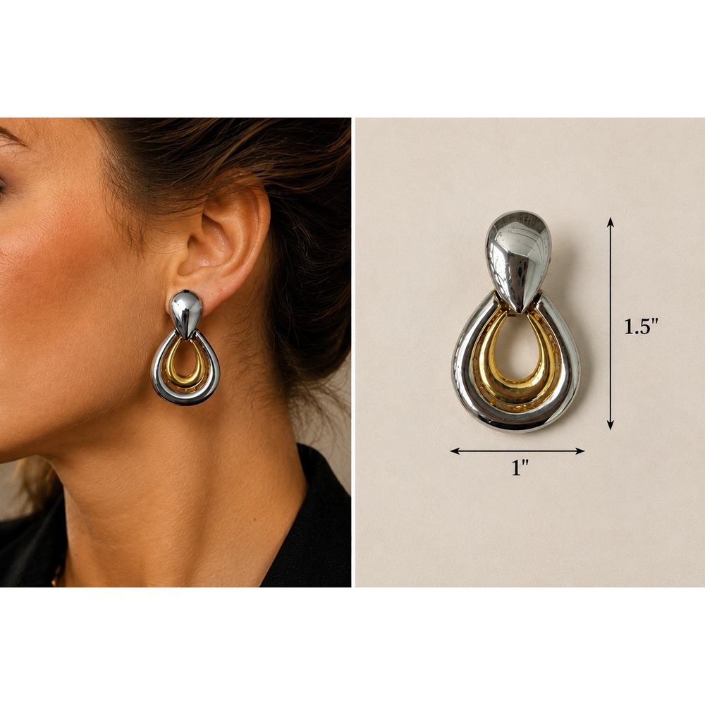 Vintage 80s 90s Two Tone Door Knocker‎ Clip On Earrings Gold Silver